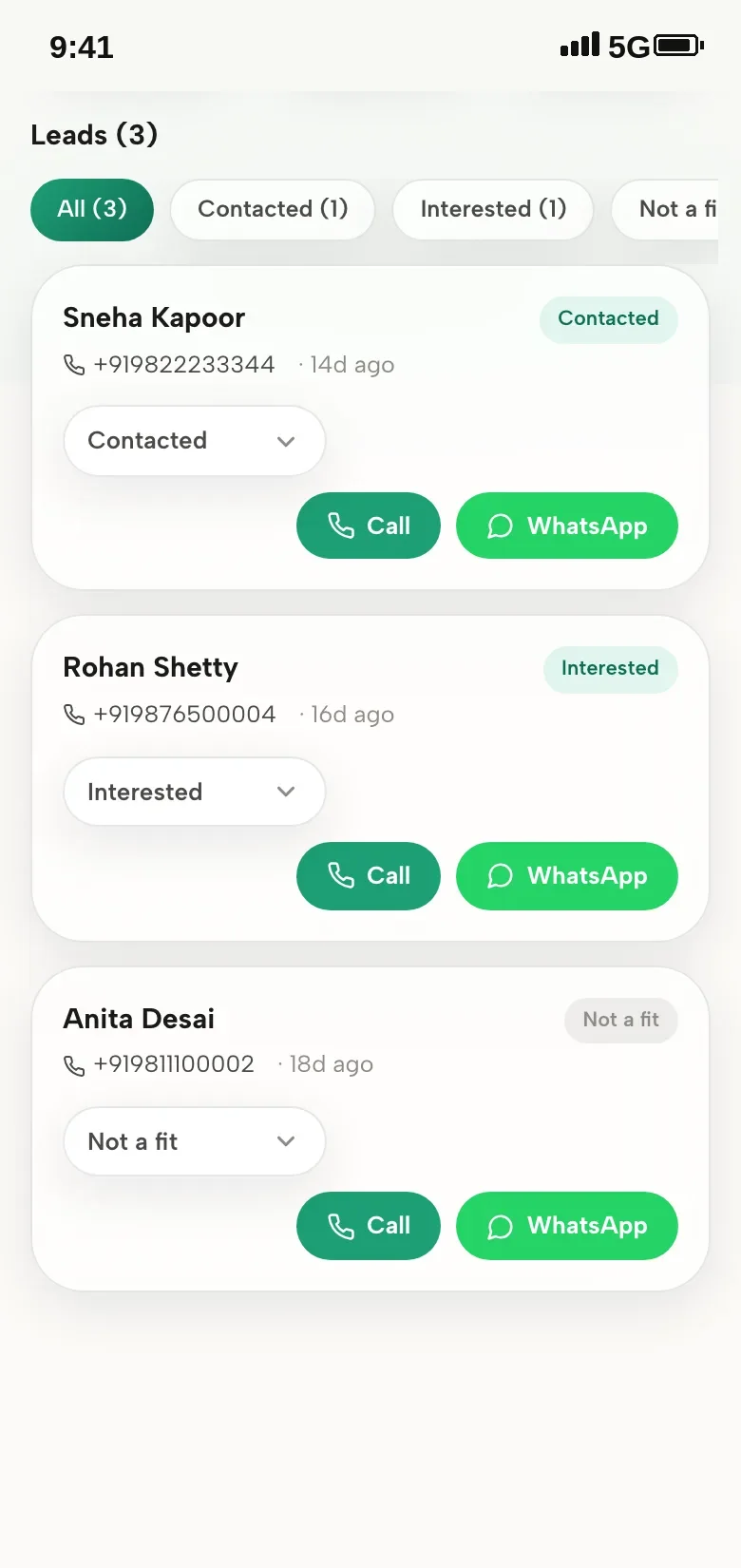 Listhop lead inbox with call and WhatsApp buttons