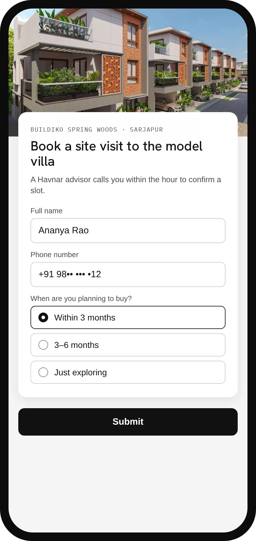 Site visit booking form that asks when the buyer plans to buy