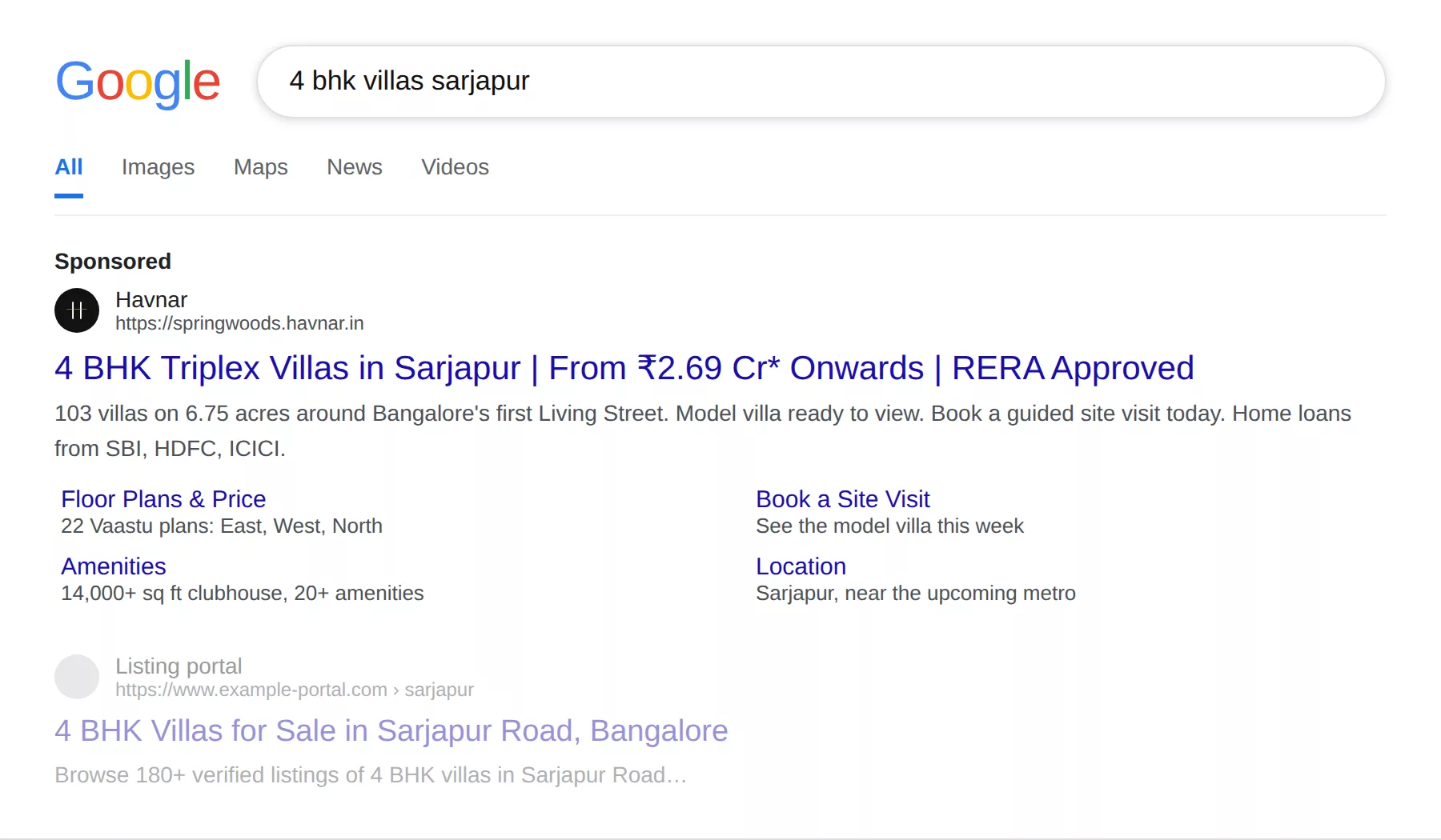 Google search ad for 4 BHK villas in Sarjapur