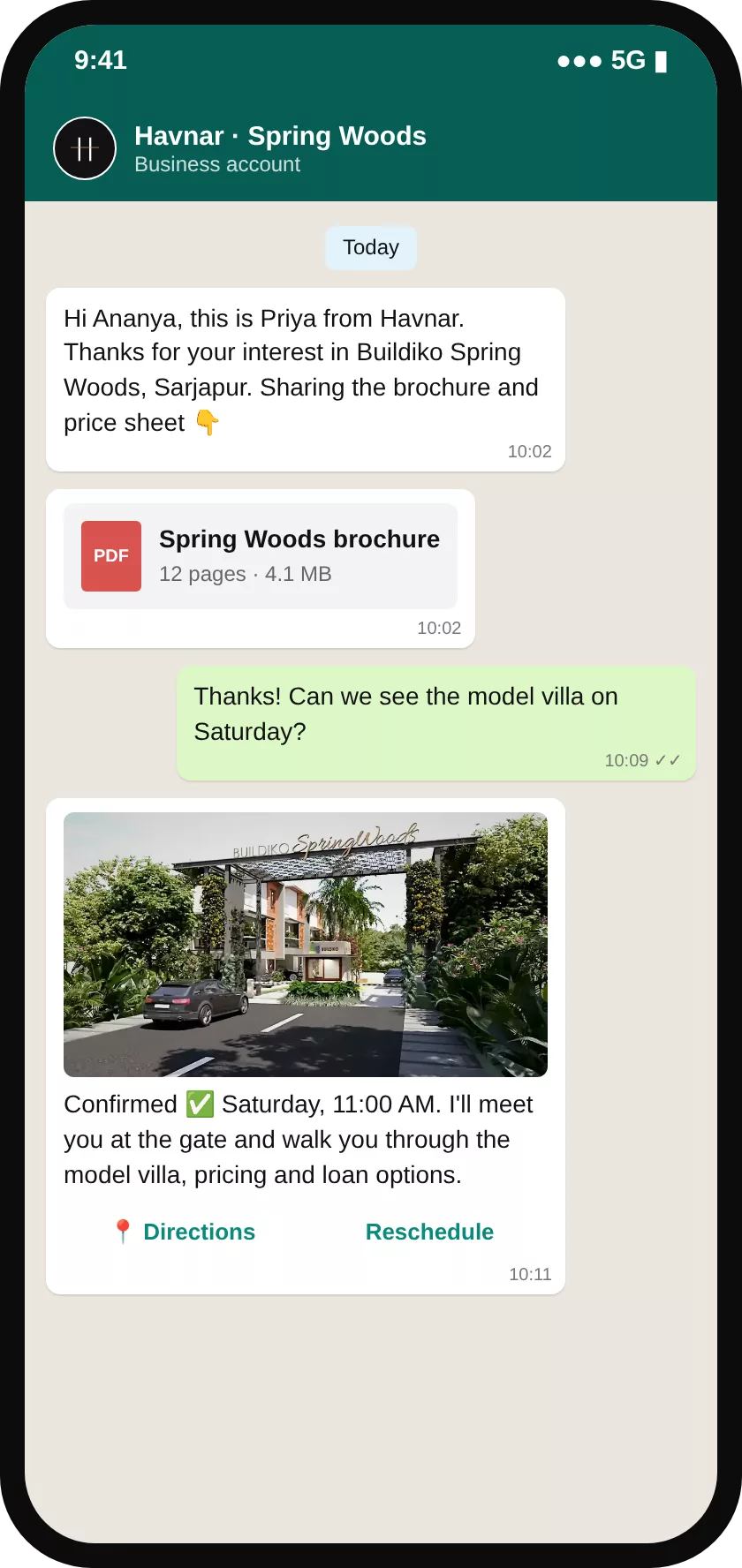 WhatsApp follow-up sharing the brochure and confirming a site visit